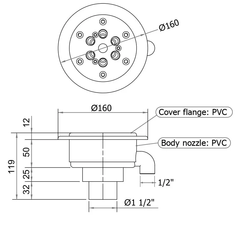 PVC nozzle for hydromassage