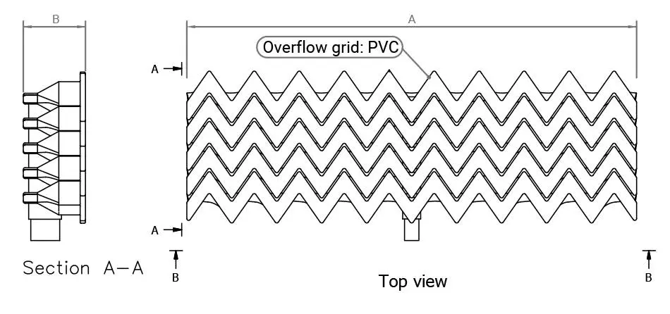 Curved overflow grid in polypropylene